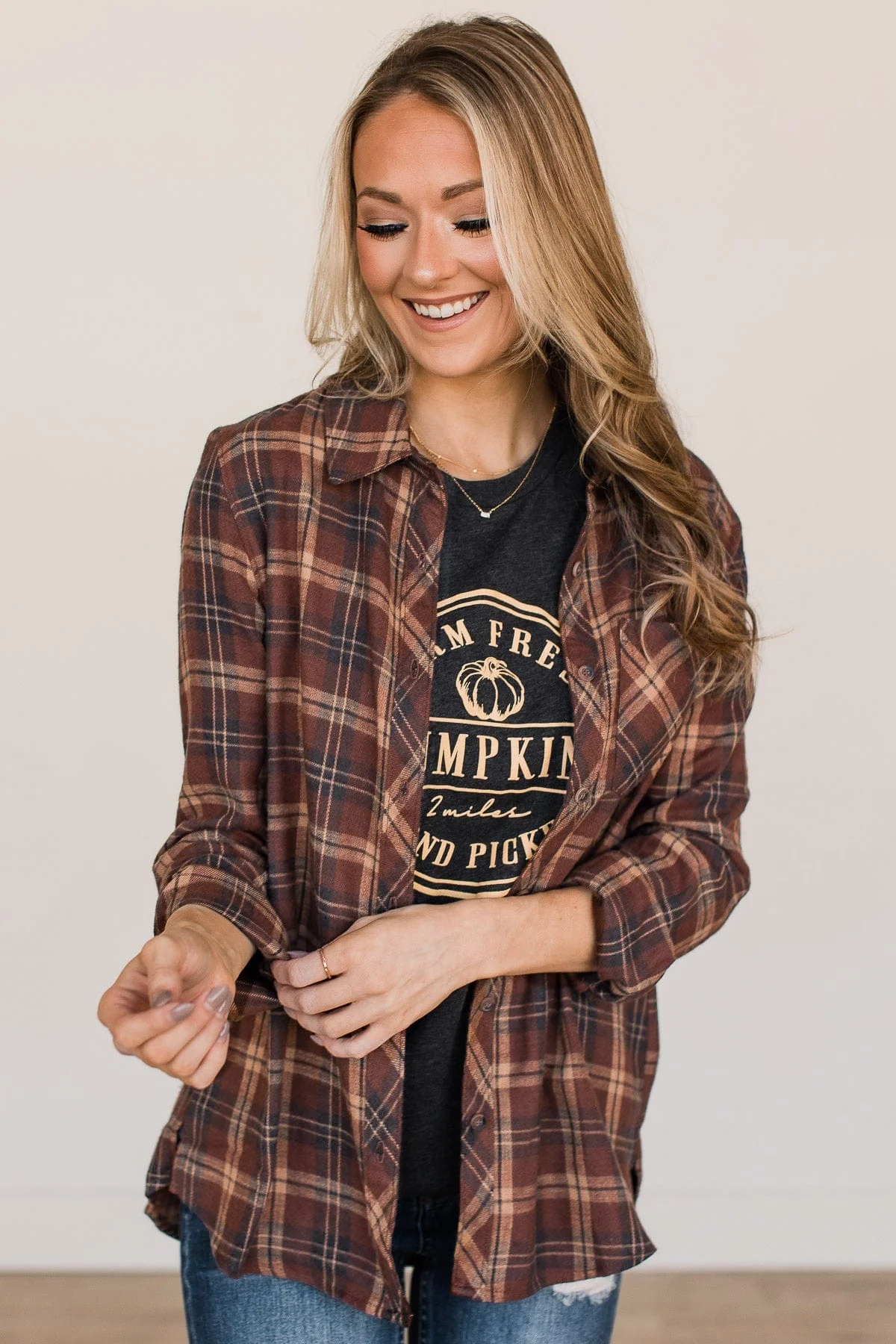 Autumn Nights Plaid Button Top- Brown - Image 7