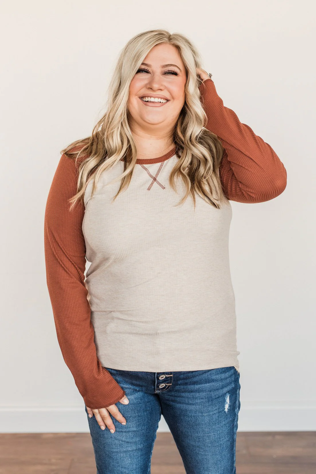 Autumn's Blessings Long Sleeve Raglan Top- Grey & Deep Clay - Image 9