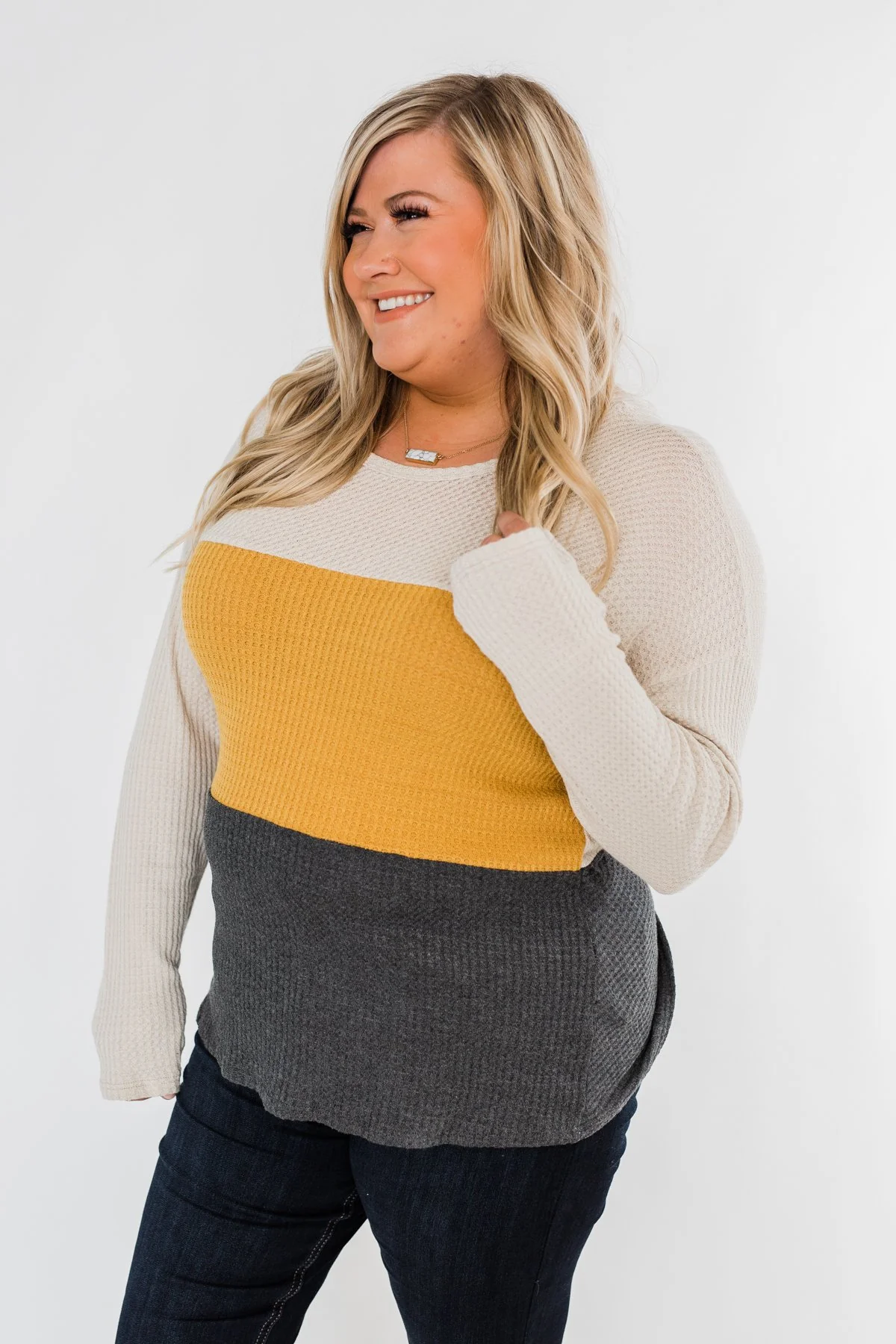 Away We Go Color Block Waffle Knit Top- Mustard & Charcoal - Image 5