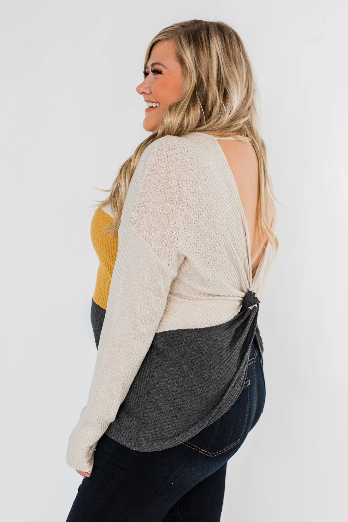 Away We Go Color Block Waffle Knit Top- Mustard & Charcoal - Image 7