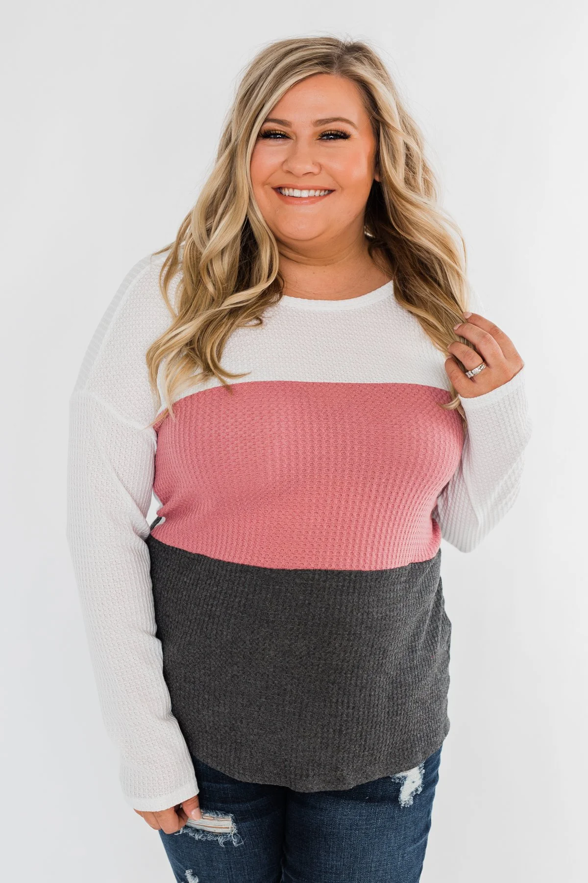 Away We Go Color Block Waffle Knit Top- Pink & Charcoal - Image 4