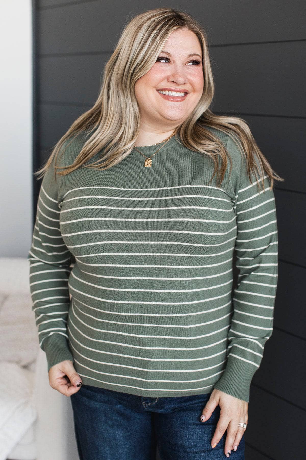 Awe Inspiring Striped Knit Sweater- Dusty Jade - Image 2