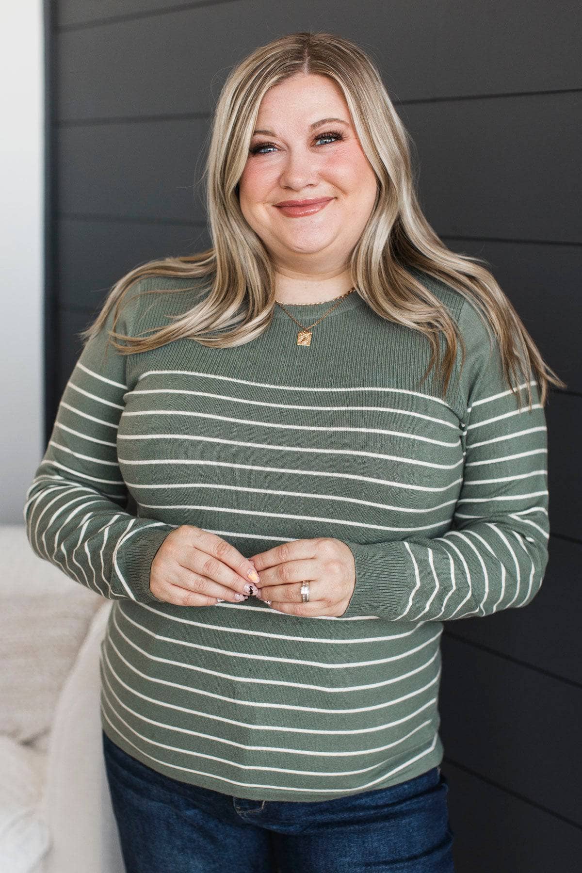 Awe Inspiring Striped Knit Sweater- Dusty Jade - Image 3