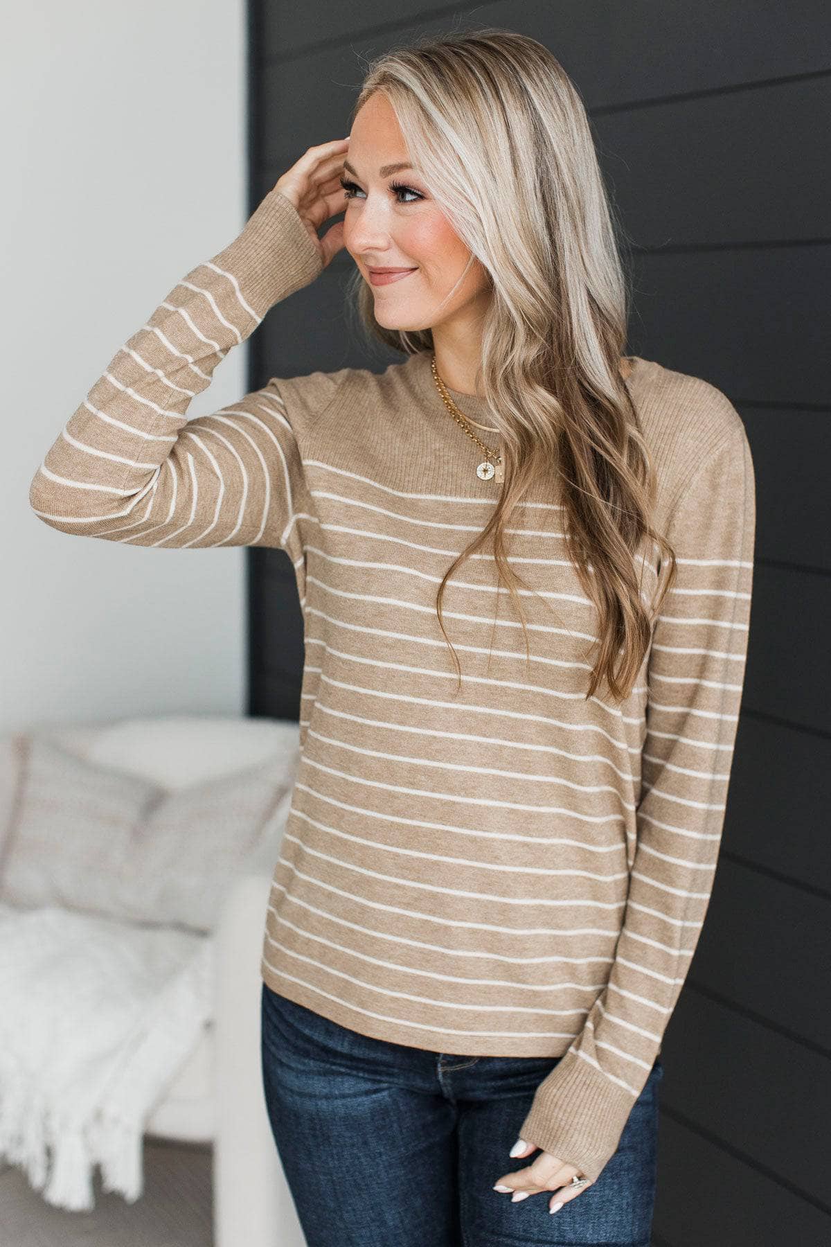 Awe Inspiring Striped Knit Sweater- Taupe - Image 2