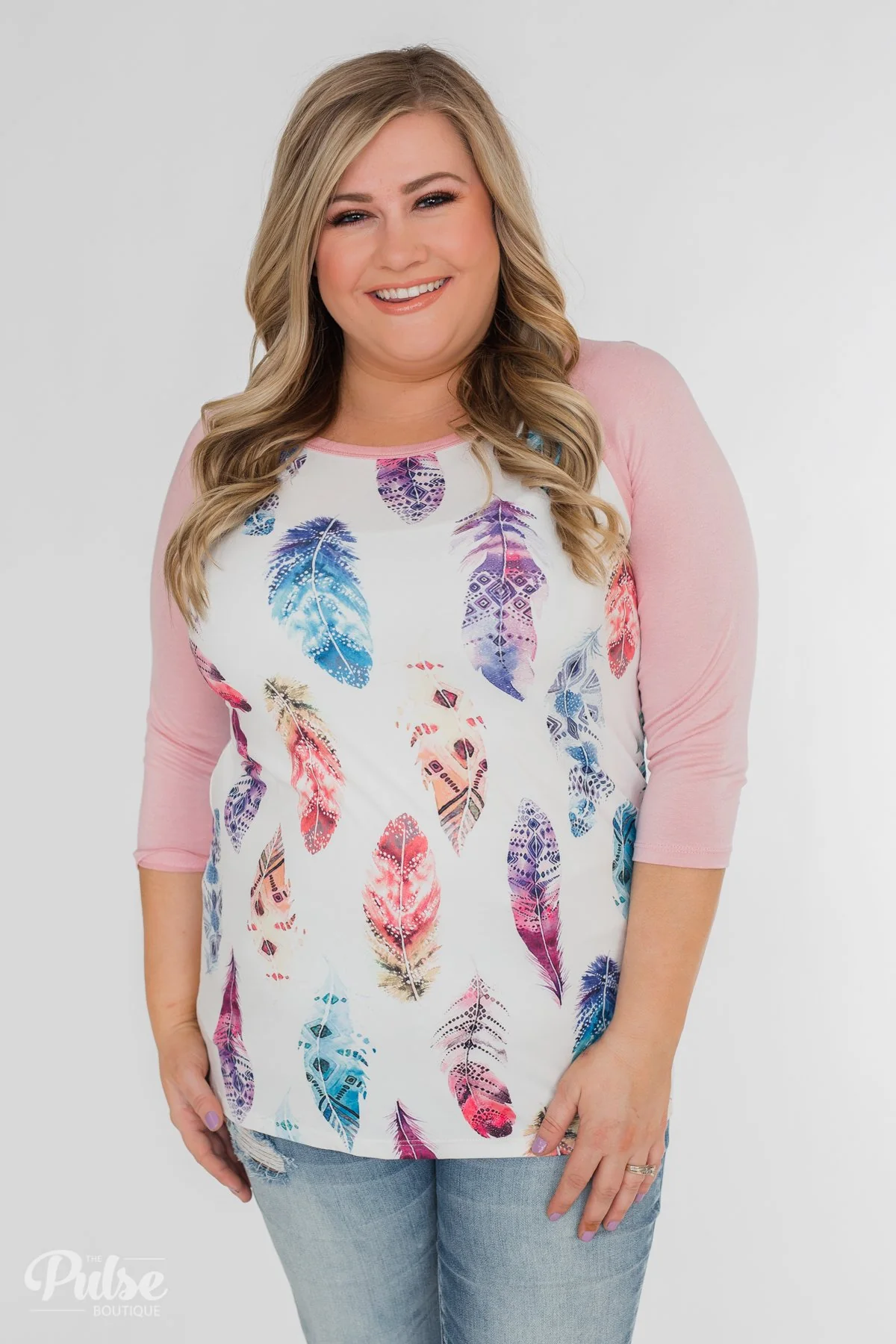Aztec Feather 3/4 Sleeve Top- Dusty Pink - Image 10