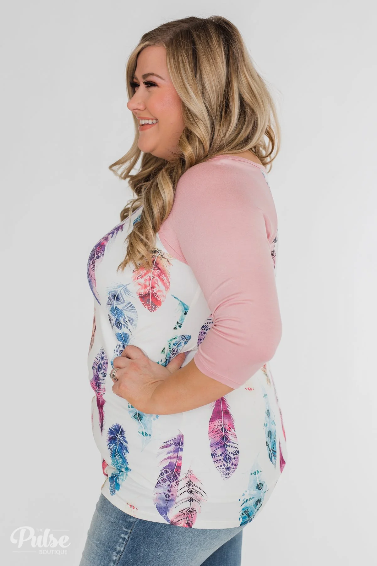Aztec Feather 3/4 Sleeve Top- Dusty Pink - Image 11