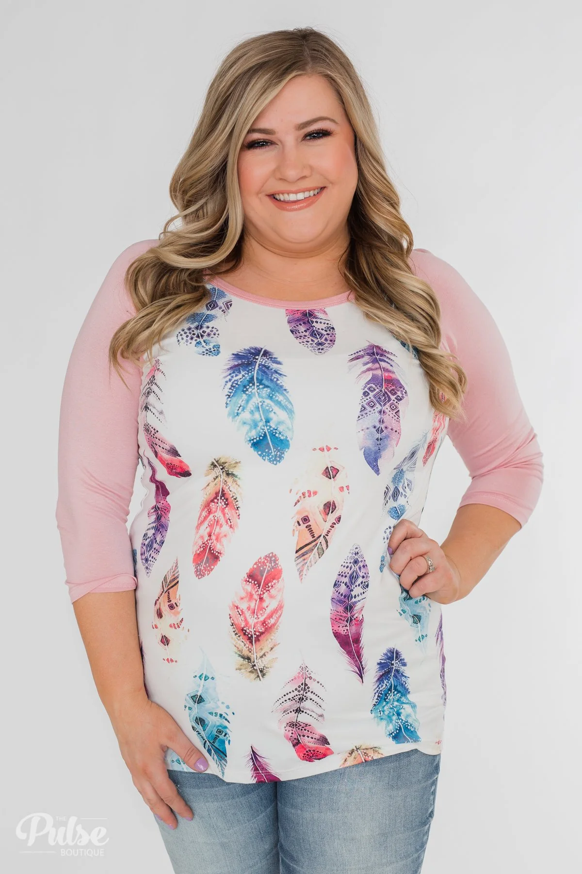 Aztec Feather 3/4 Sleeve Top- Dusty Pink - Image 2