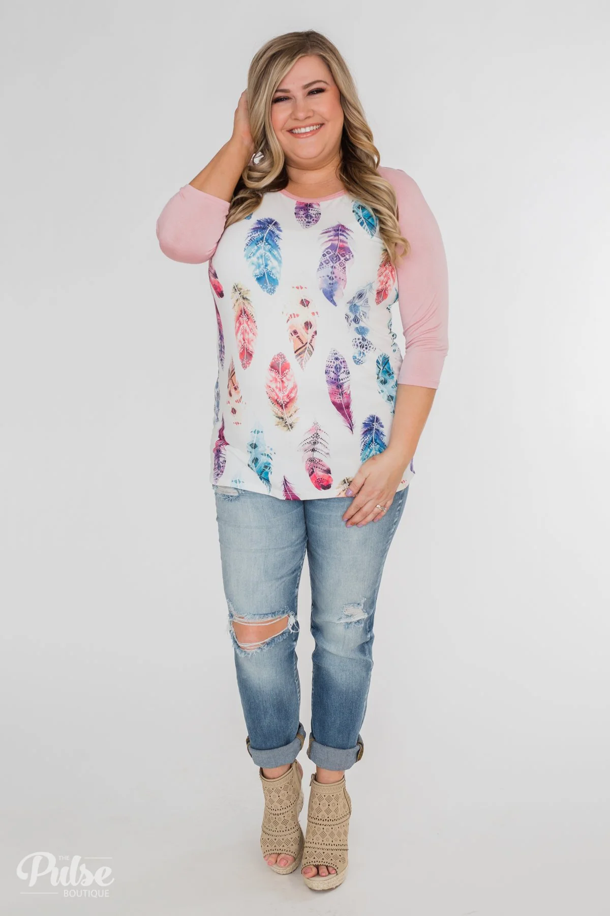 Aztec Feather 3/4 Sleeve Top- Dusty Pink - Image 3