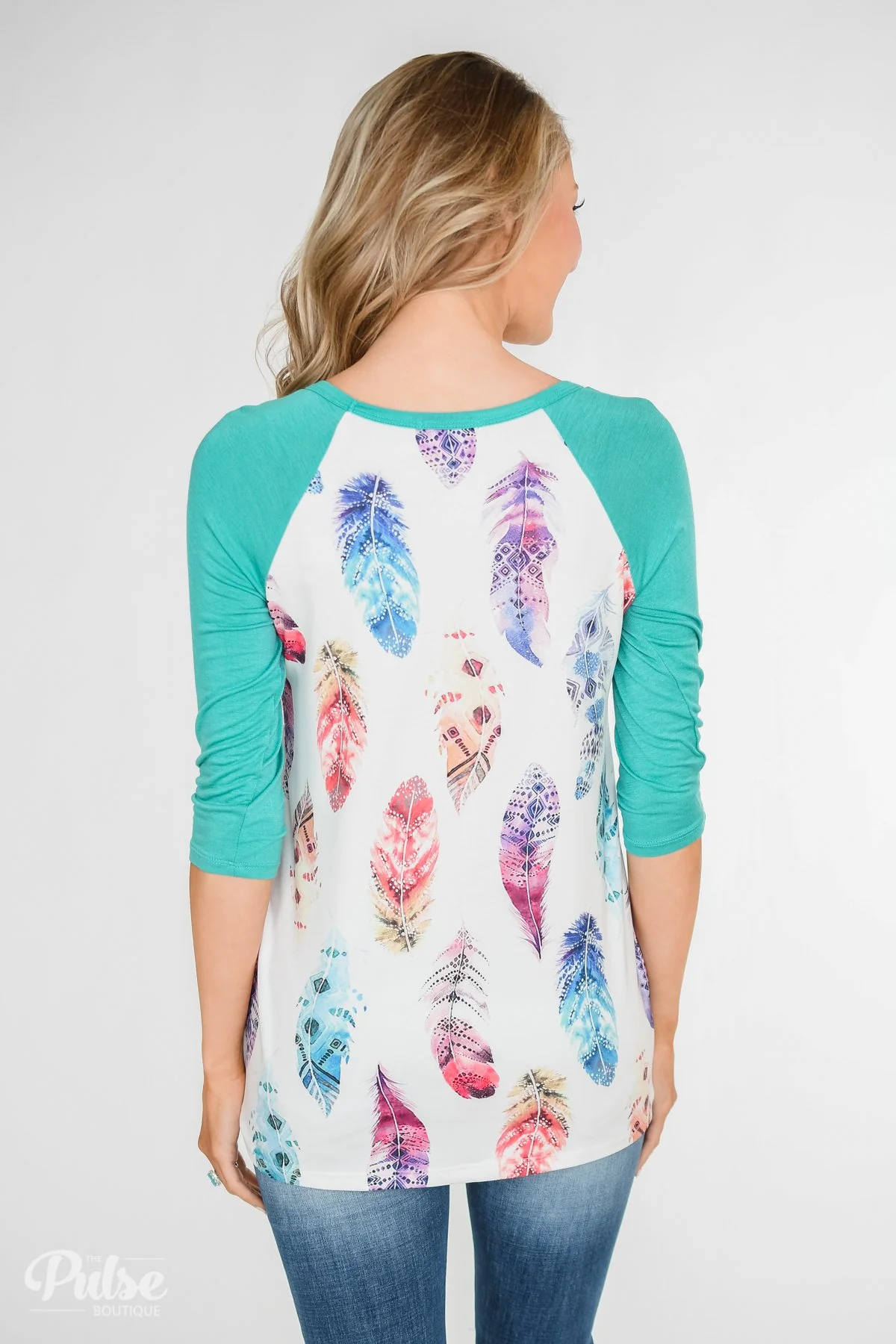 Aztec Feather 3/4 Sleeve Top- Teal - Image 11
