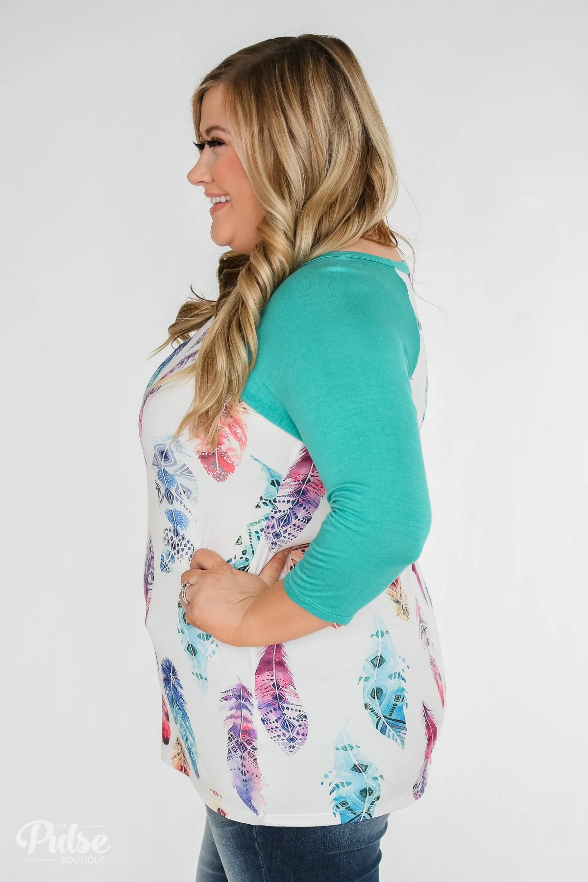 Aztec Feather 3/4 Sleeve Top- Teal - Image 13