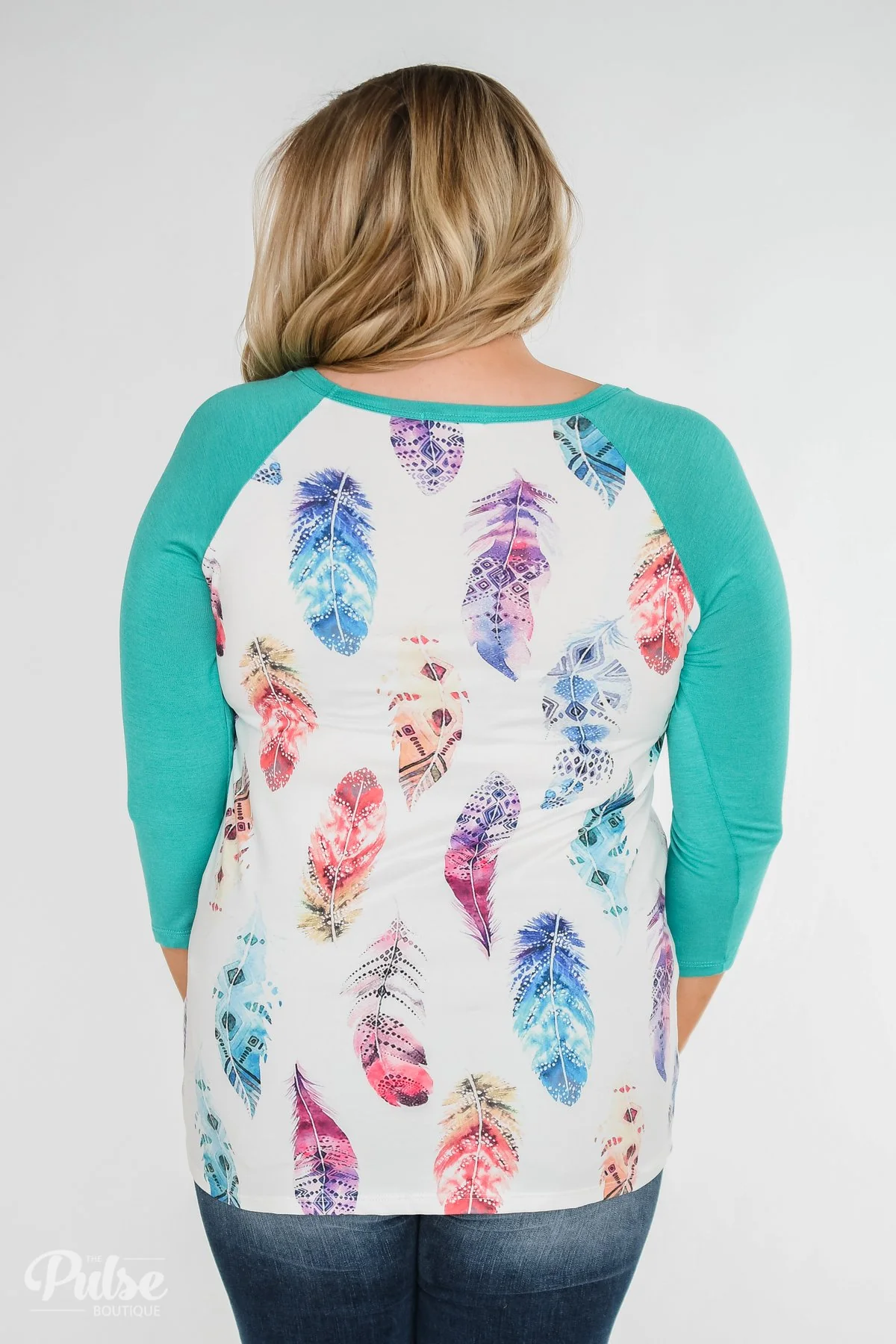 Aztec Feather 3/4 Sleeve Top- Teal - Image 14