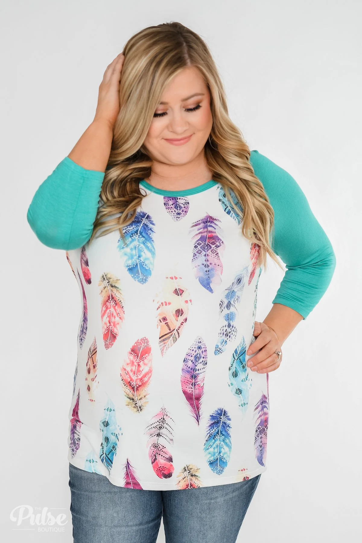 Aztec Feather 3/4 Sleeve Top- Teal - Image 6