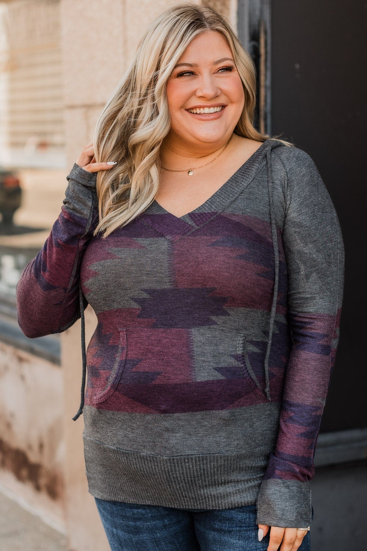 Aztec Knit Hoodie- Charcoal & Purple - Image 2