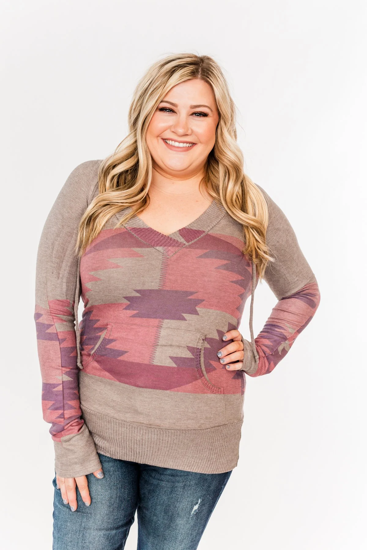 Aztec Knit Hoodie- Grey, Pink & Purple - Image 2