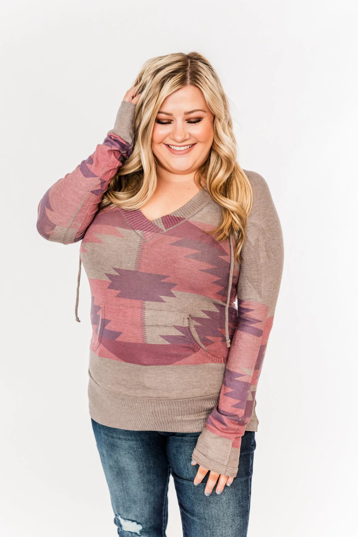 Aztec Knit Hoodie- Grey, Pink & Purple - Image 4