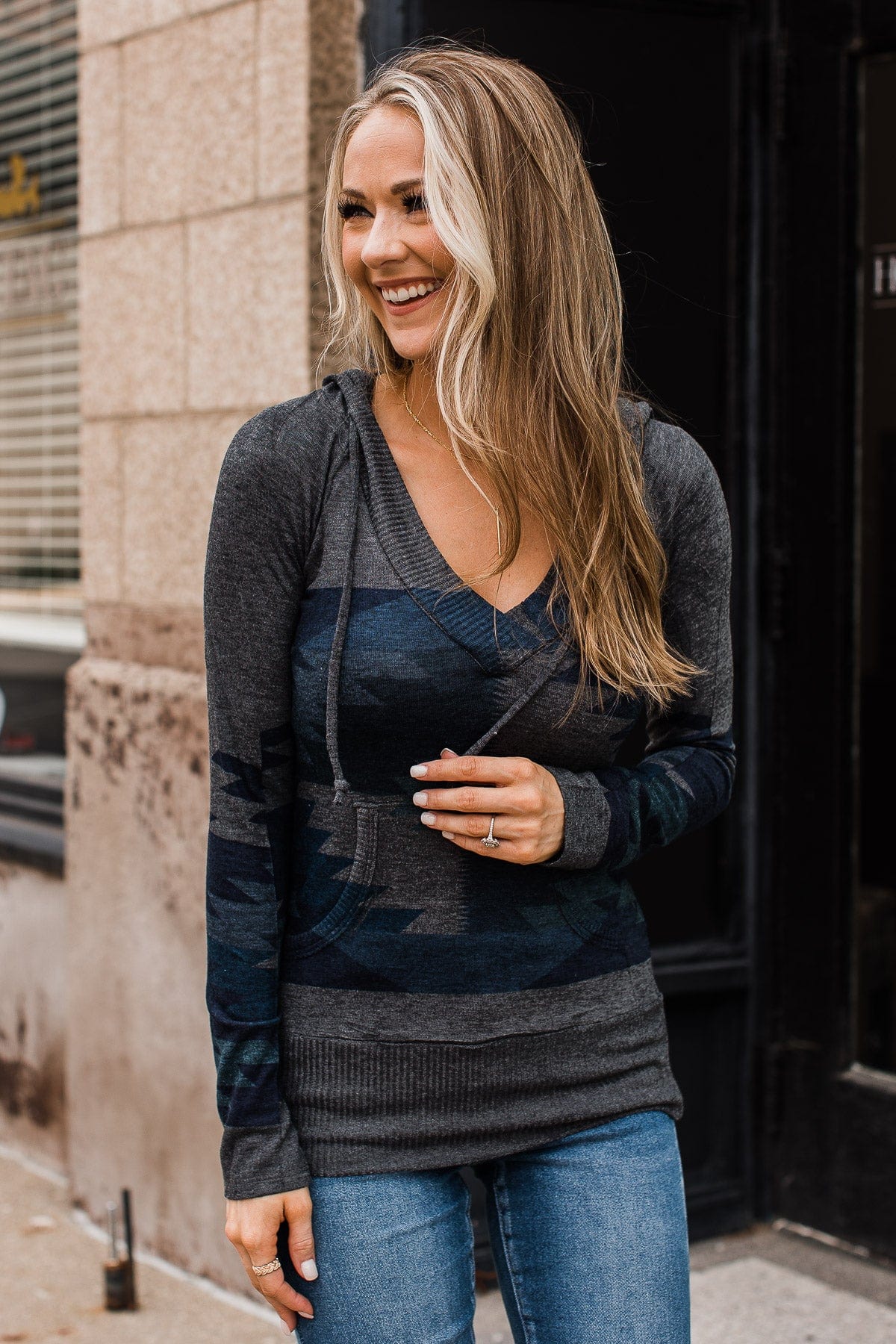 Aztec Knit Hoodie- Grey & Blue - Image 3