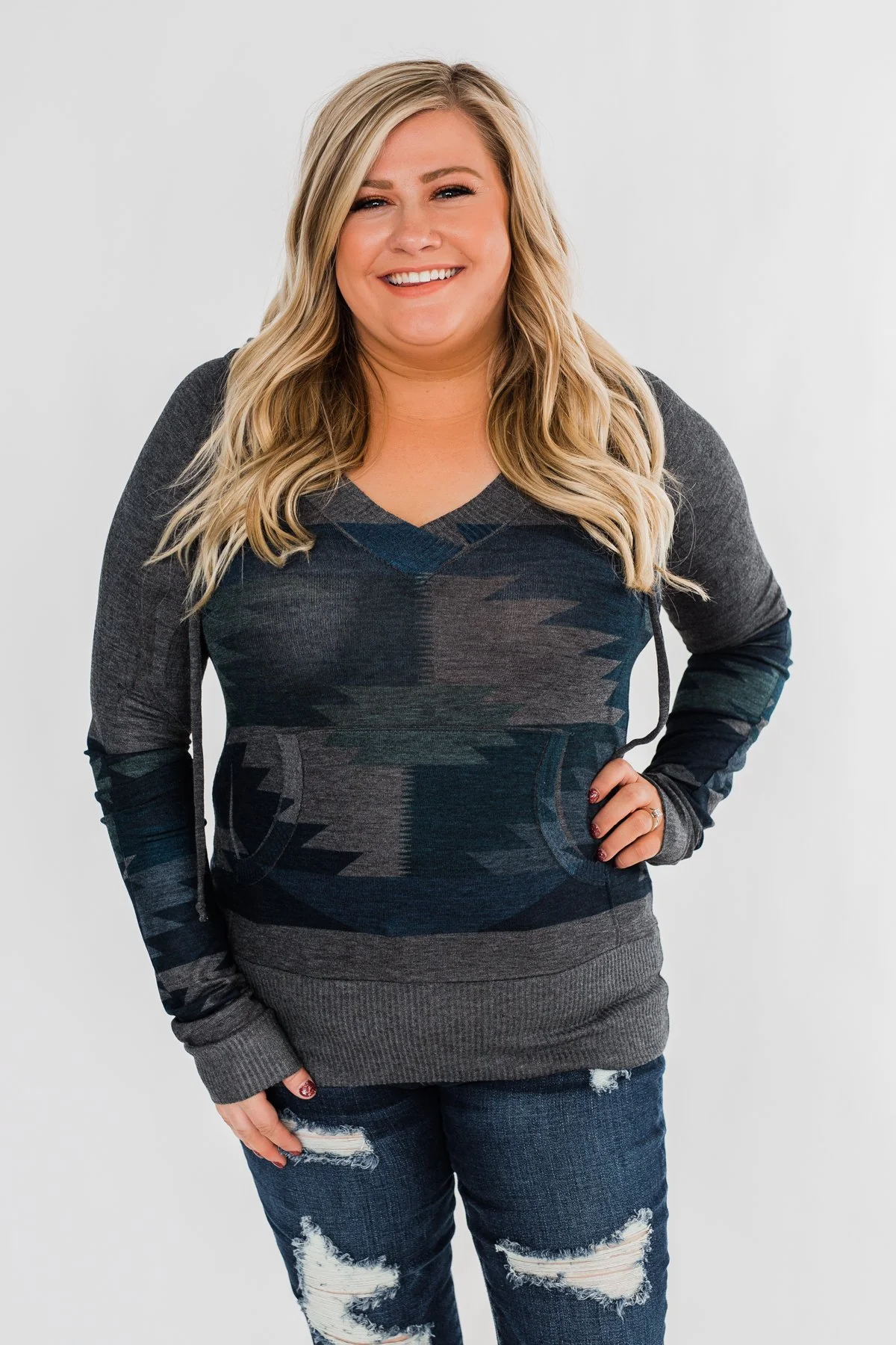 Aztec Knit Hoodie- Grey & Blue - Image 4