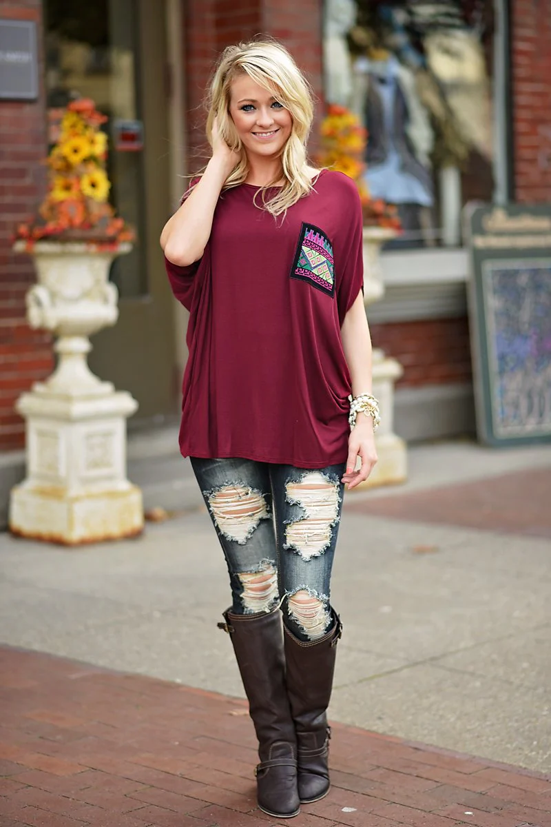 Aztec Pocket Top Burgundy - Image 3