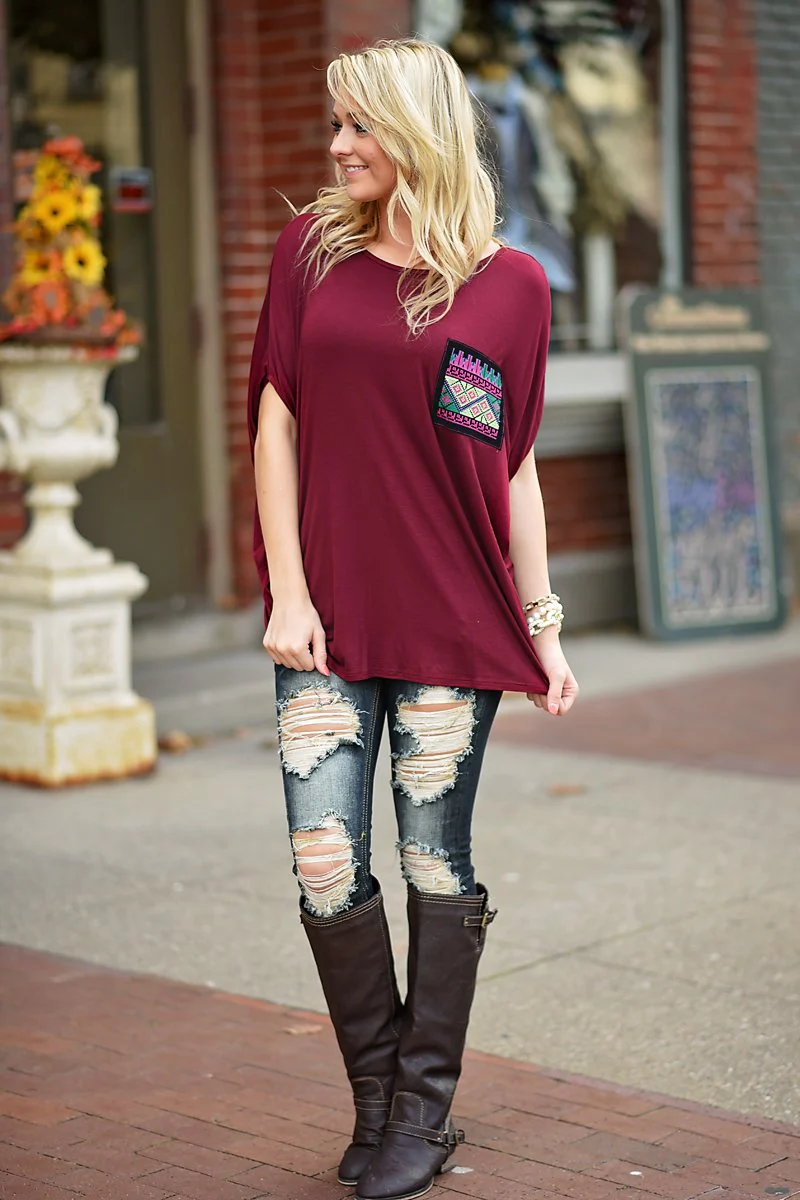 Aztec Pocket Top Burgundy - Image 4