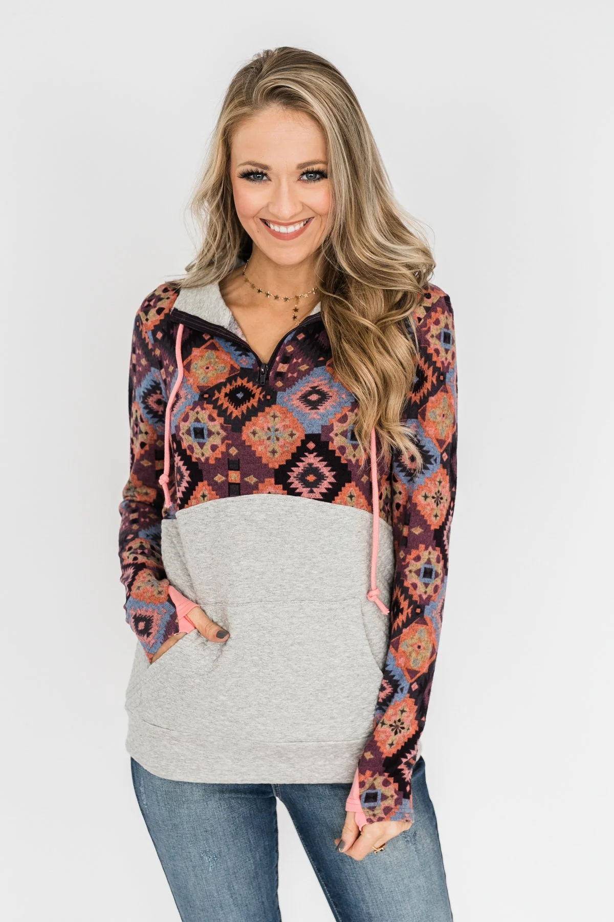 Aztec Quilted Drawstring Hoodie- Grey, Pink, & Purple Tones - Image 11