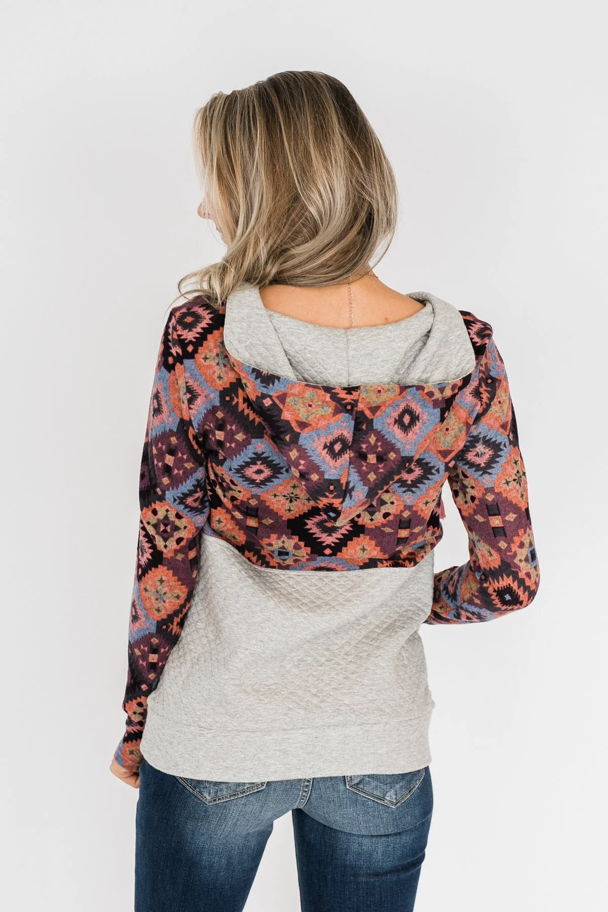 Aztec Quilted Drawstring Hoodie- Grey, Pink, & Purple Tones - Image 9