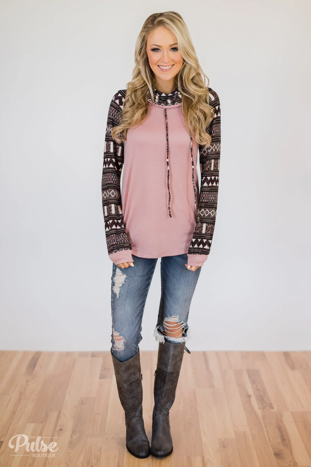 Aztec Sleeve Cowl Neck Top- Mauve - Image 4