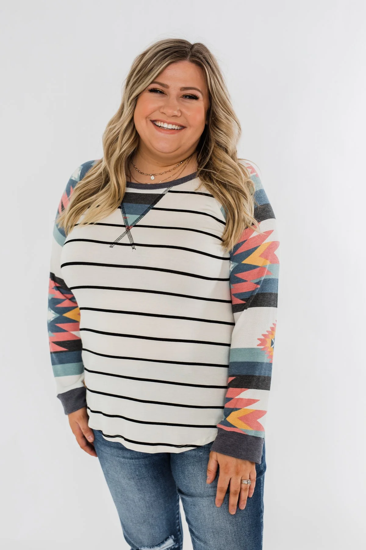 Aztec Sleeve Striped Raglan Top- Ivory & Multicolor - Image 3