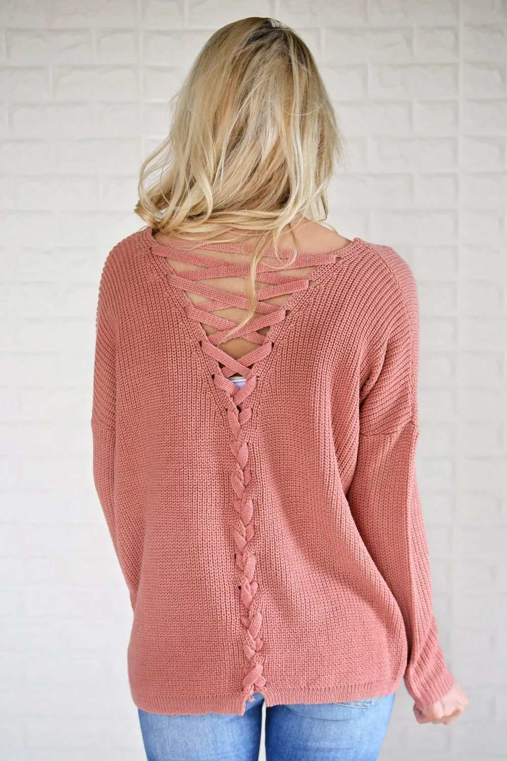 Back Lace Up Sweater ~ Salmon - Image 6