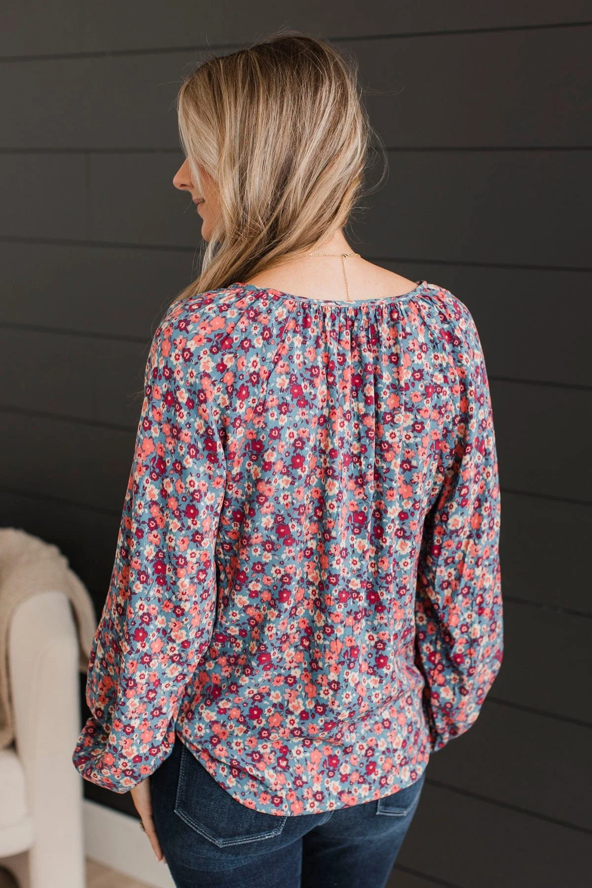 Back To Bliss Floral Blouse- Denim Blue - Image 7