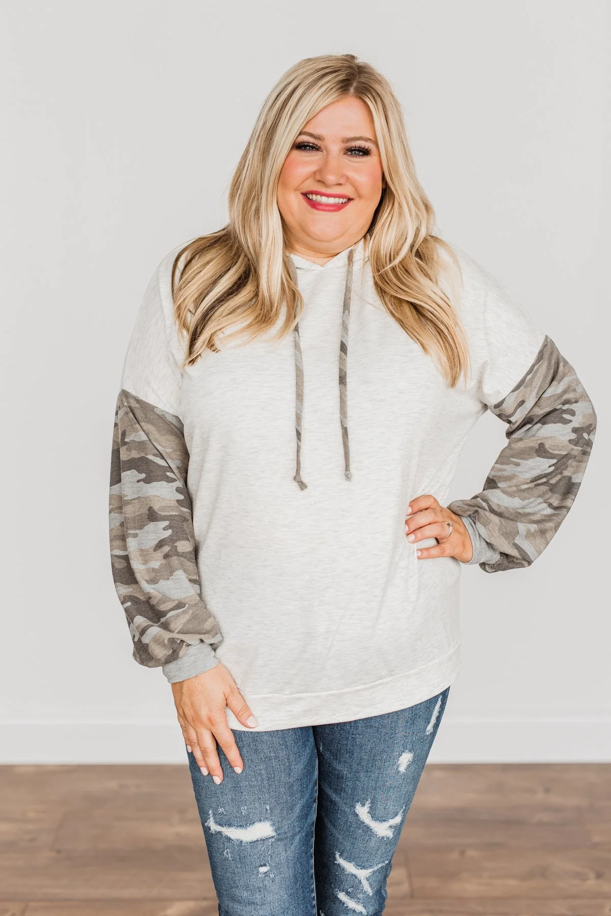 Back To Nature Drawstring Hooded Top- Heather Grey & Camo - Image 2