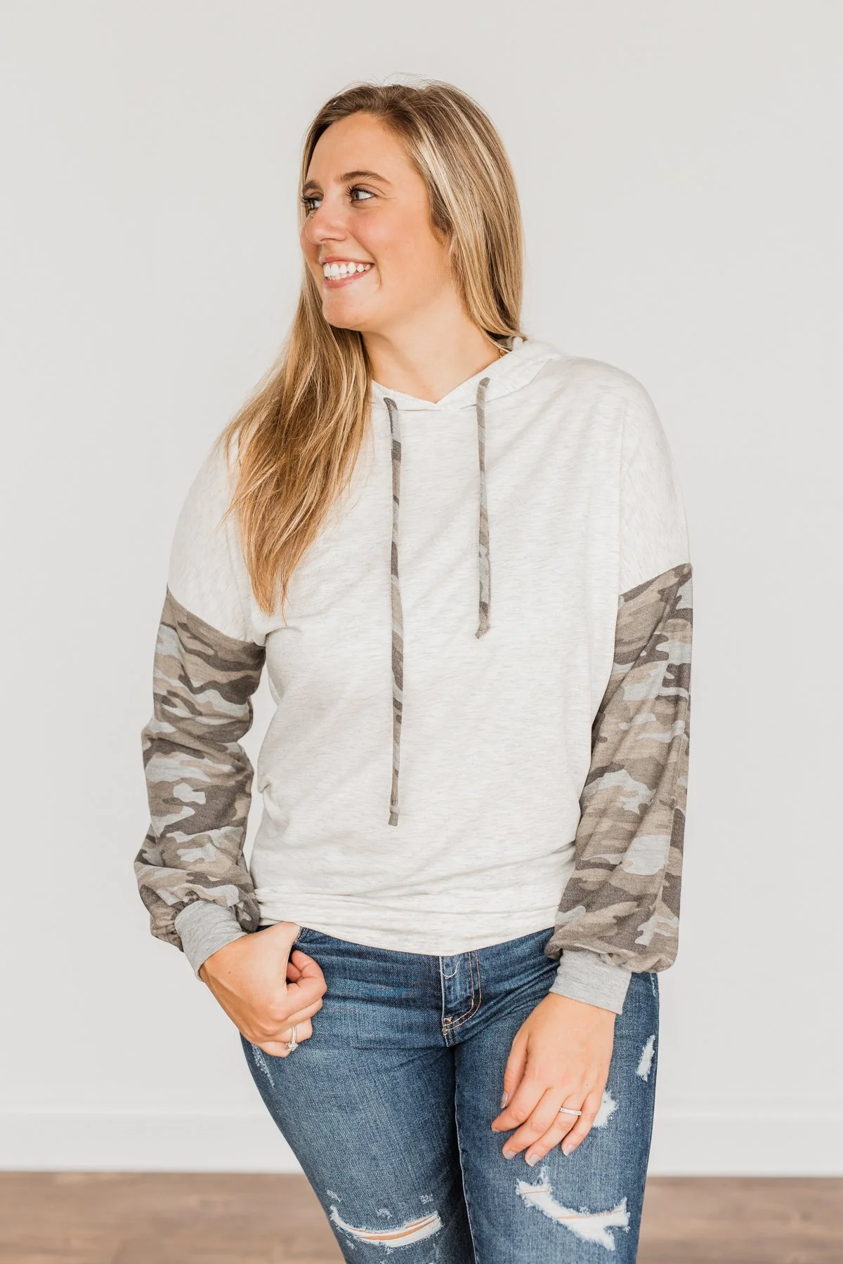 Back To Nature Drawstring Hooded Top- Heather Grey & Camo - Image 3