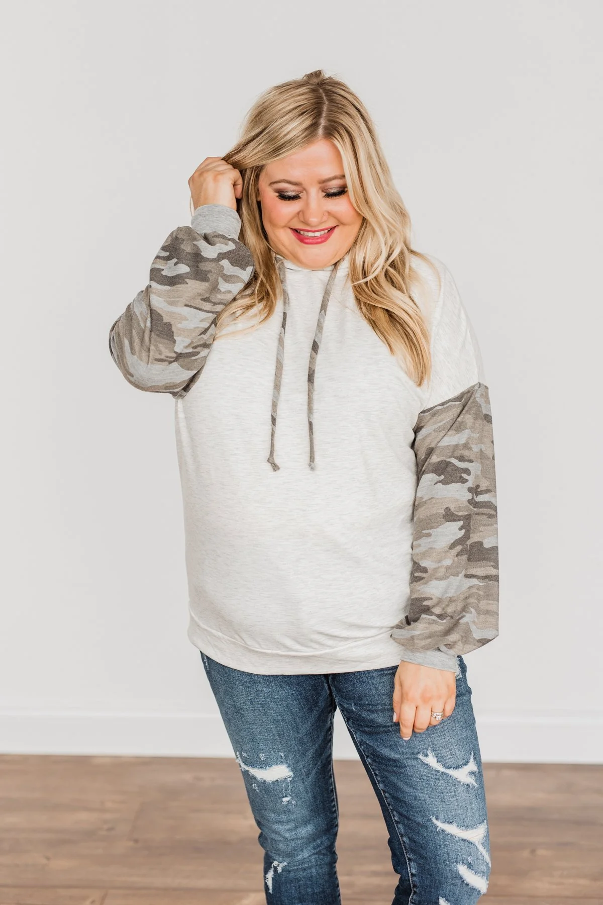 Back To Nature Drawstring Hooded Top- Heather Grey & Camo - Image 4