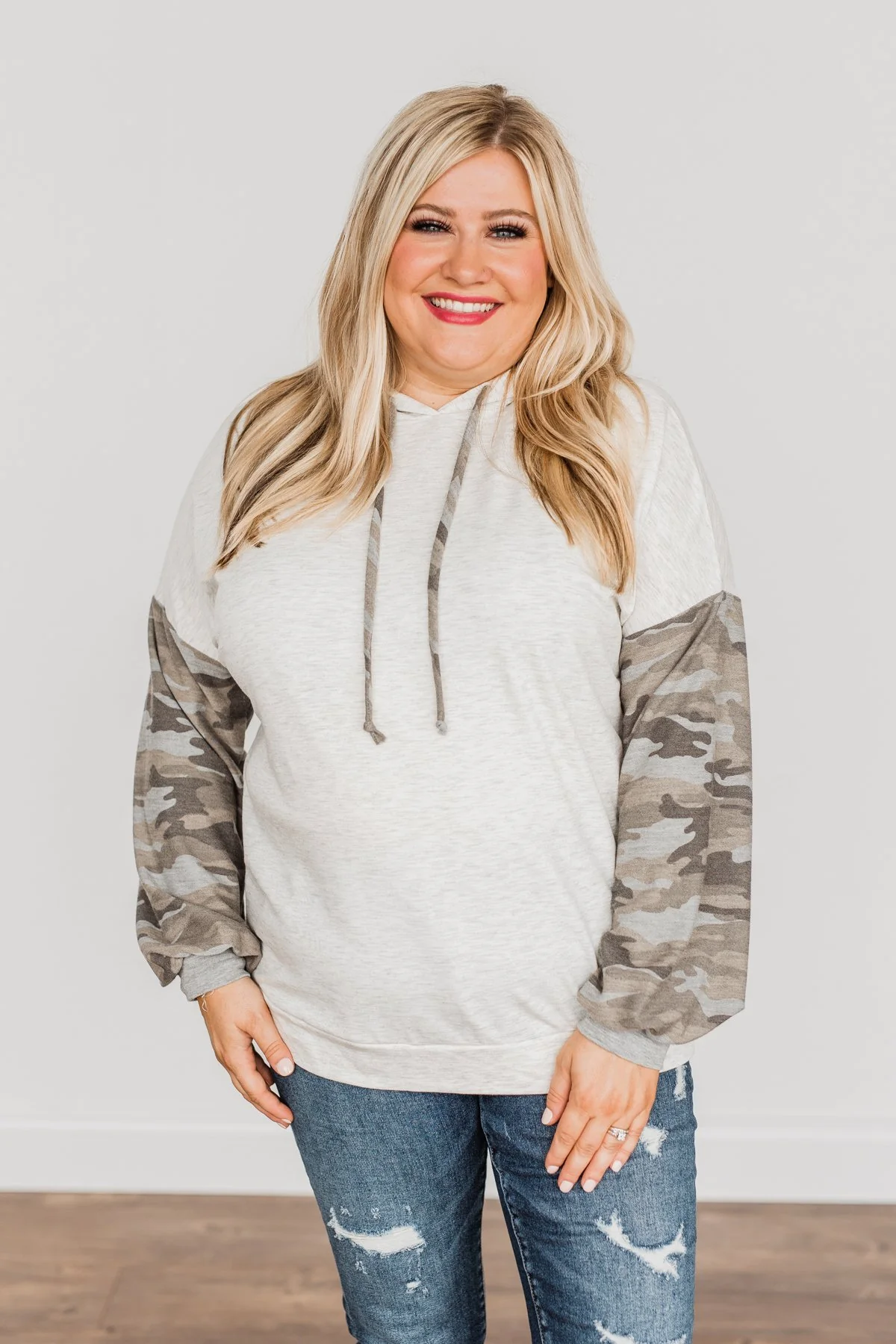Back To Nature Drawstring Hooded Top- Heather Grey & Camo - Image 5