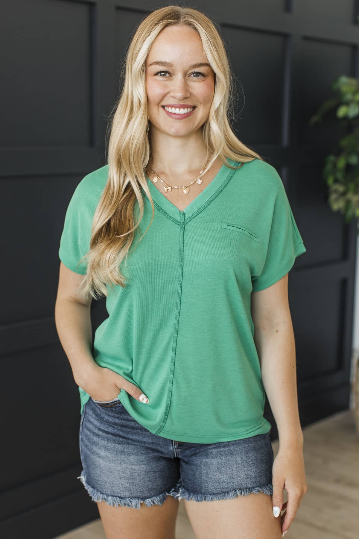Barefoot Comfort Short Sleeve V-Neck Top- Jade - Image 3