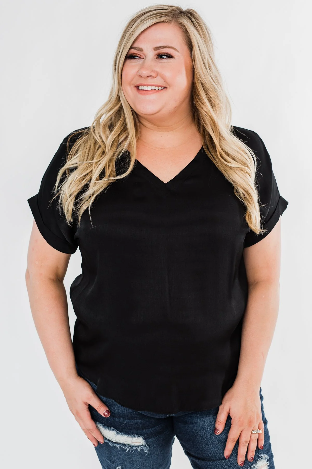 Basic Beauty V-Neck Short Sleeve Top- Black - Image 5