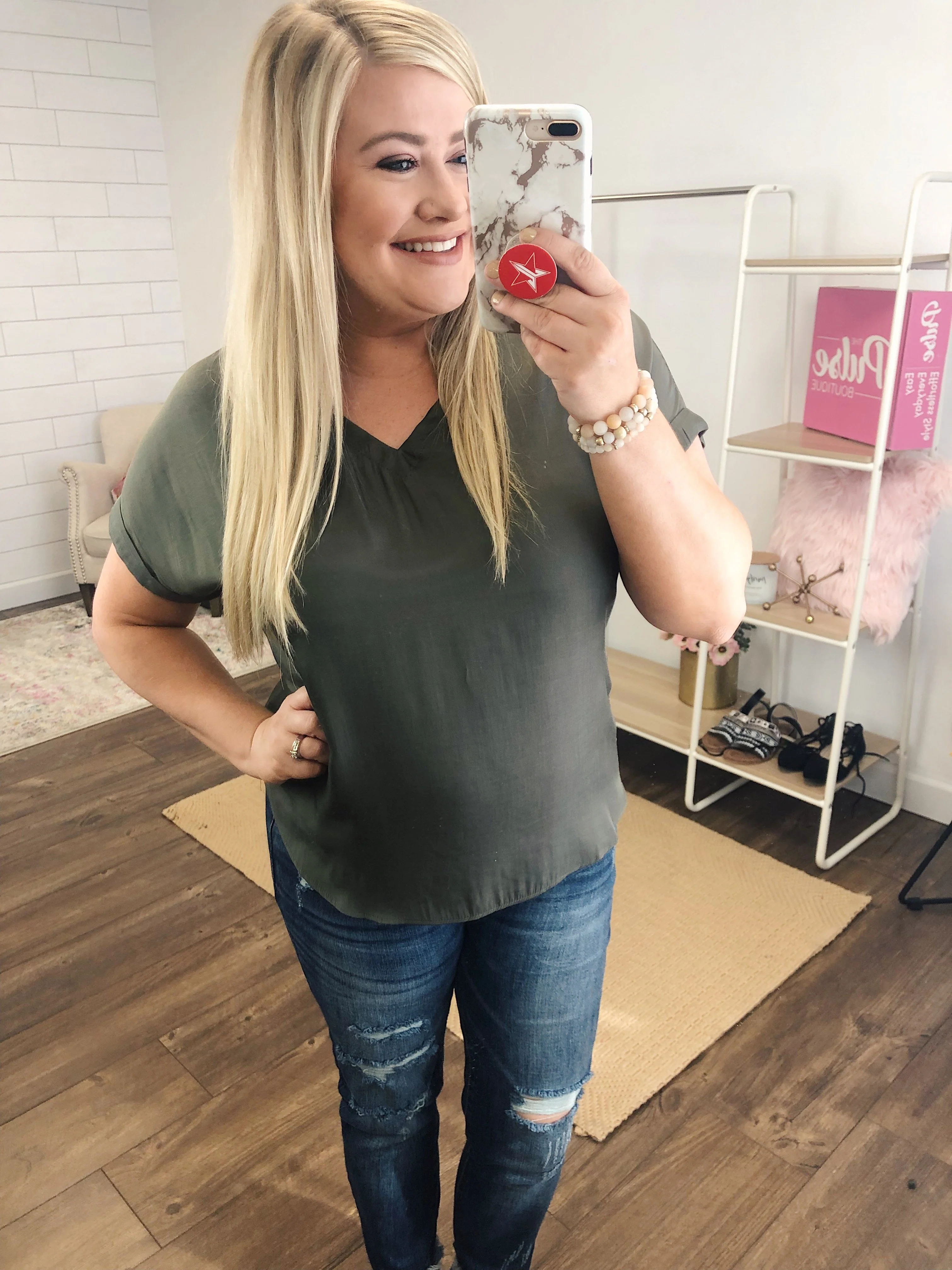 Basic Beauty V-Neck Short Sleeve Top- Olive - Image 3