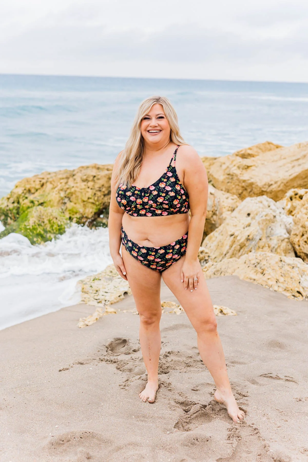 Bask In The Sun Mid-Rise Swim Bottoms- Black & Orange Floral - Image 9