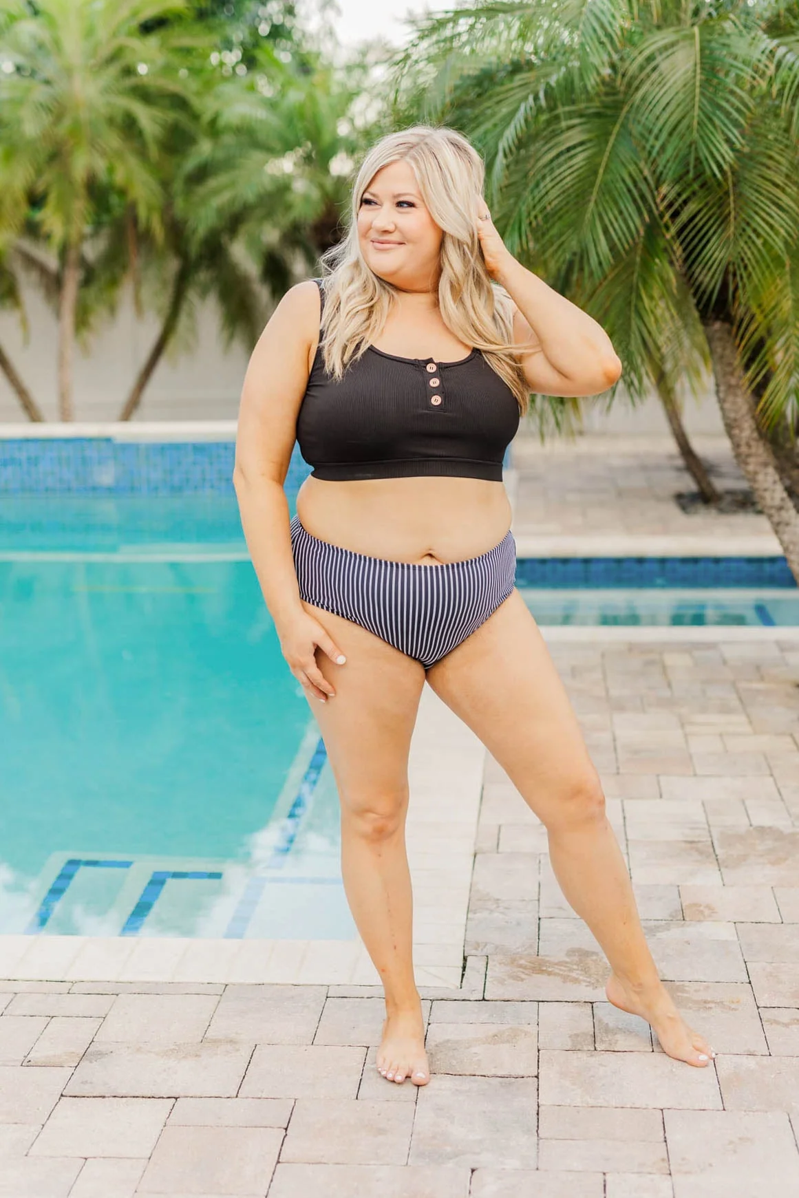 Bask In The Sun Mid-Rise Swim Bottoms- Black Stripe - Image 8
