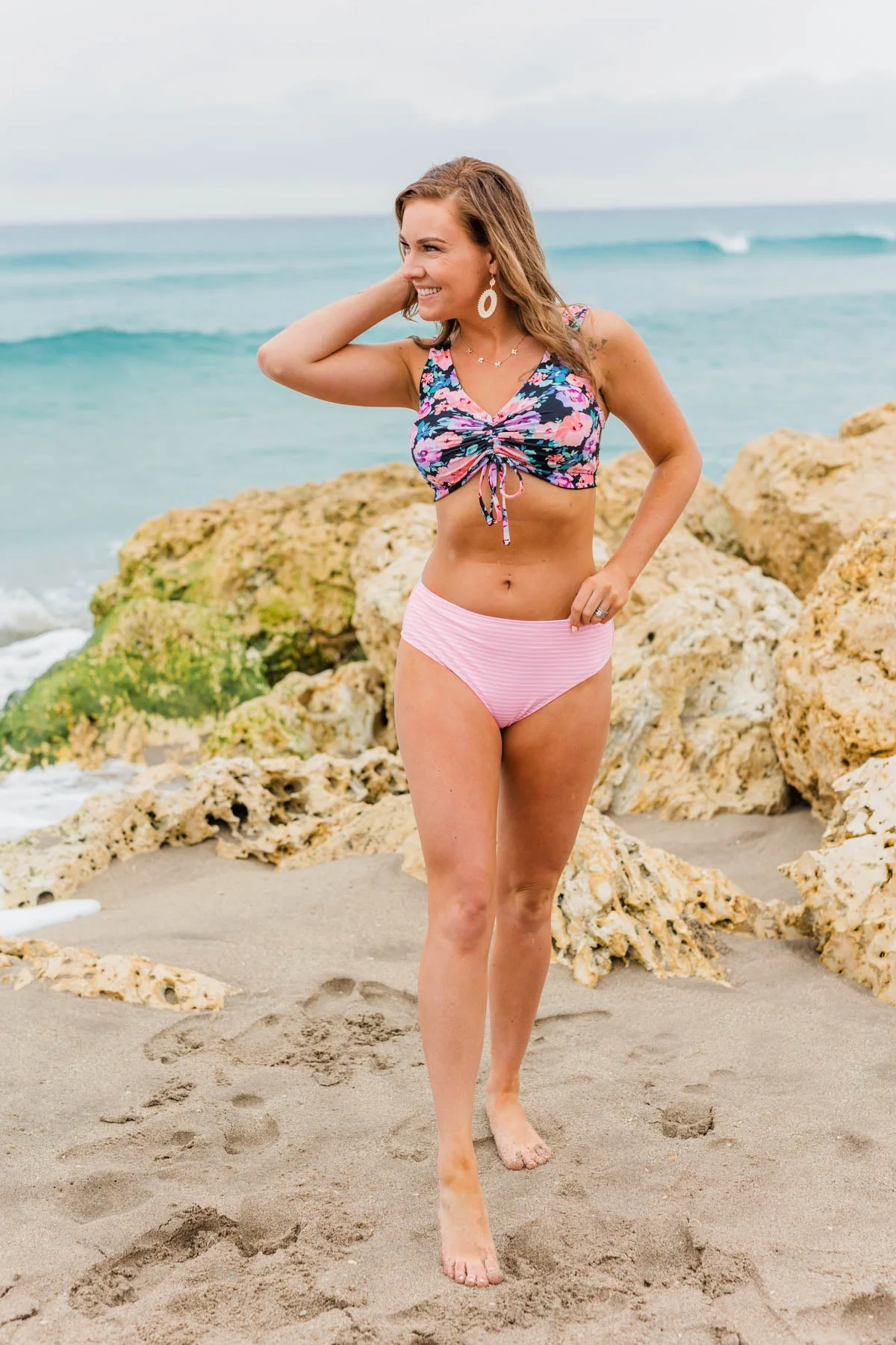 Bask In The Sun Mid-Rise Swim Bottoms- Pink Stripe - Image 5