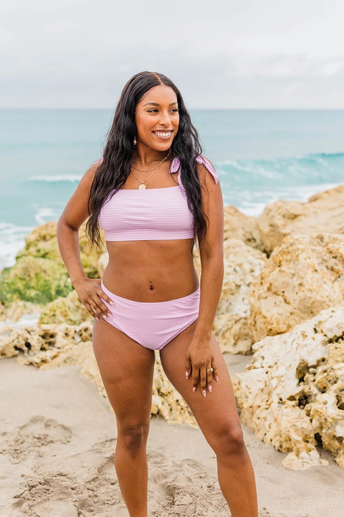 Bask In The Sun Mid-Rise Swim Bottoms- Pink Stripe - Image 6