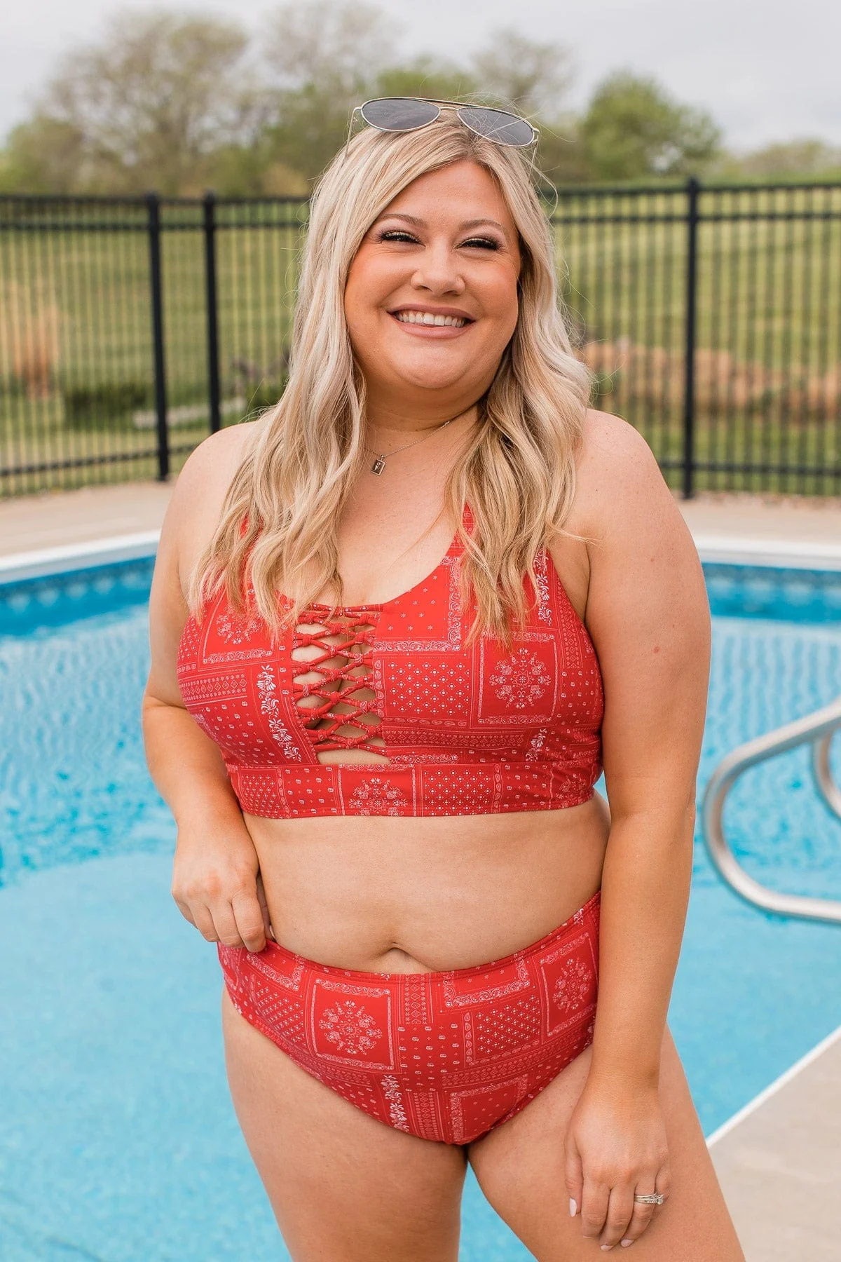 Bask In The Sun Mid-Rise Swim Bottoms- Red Bandana Print - Image 2