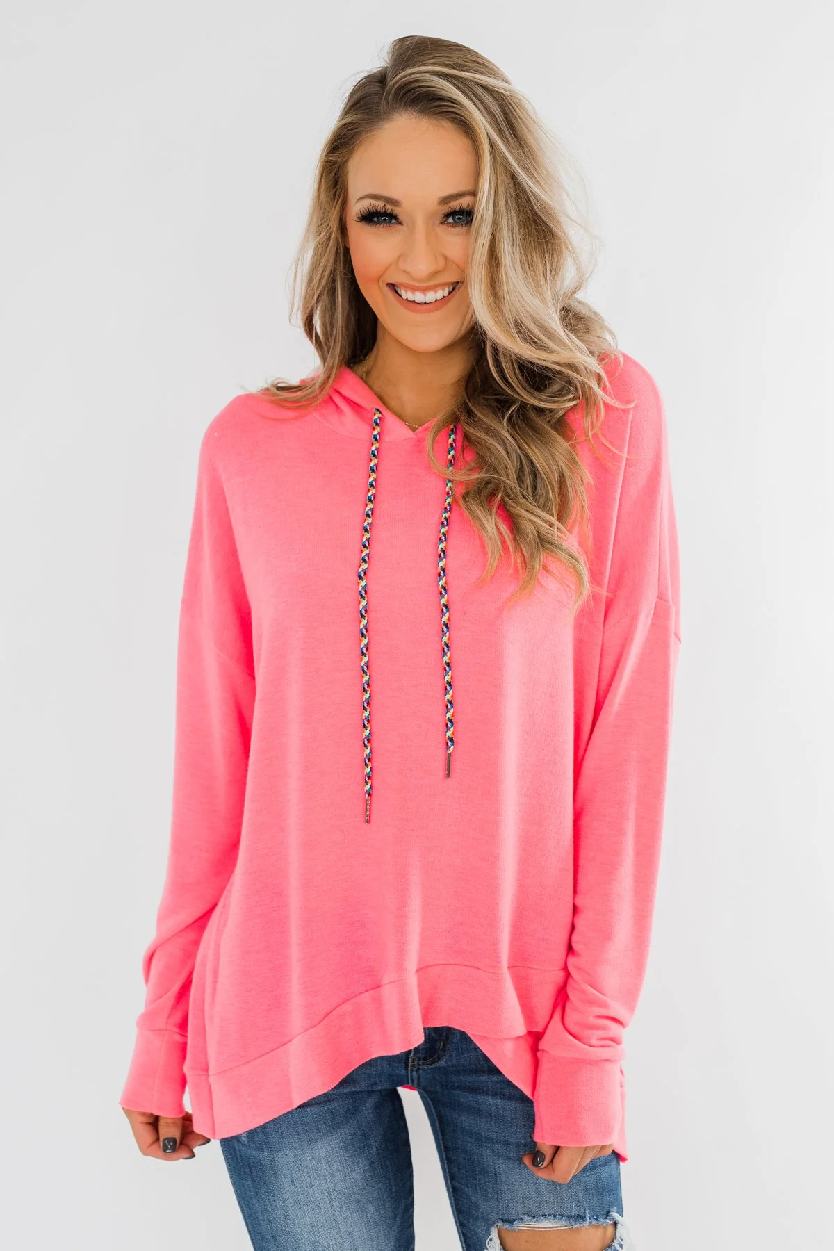 Be Happy Long Sleeve Pullover- Neon Pink - Image 2