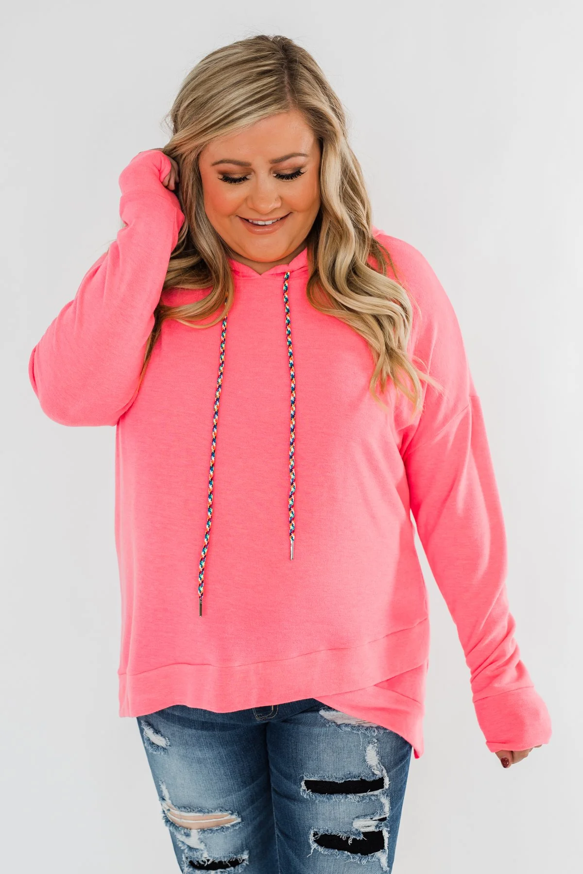 Be Happy Long Sleeve Pullover- Neon Pink - Image 3