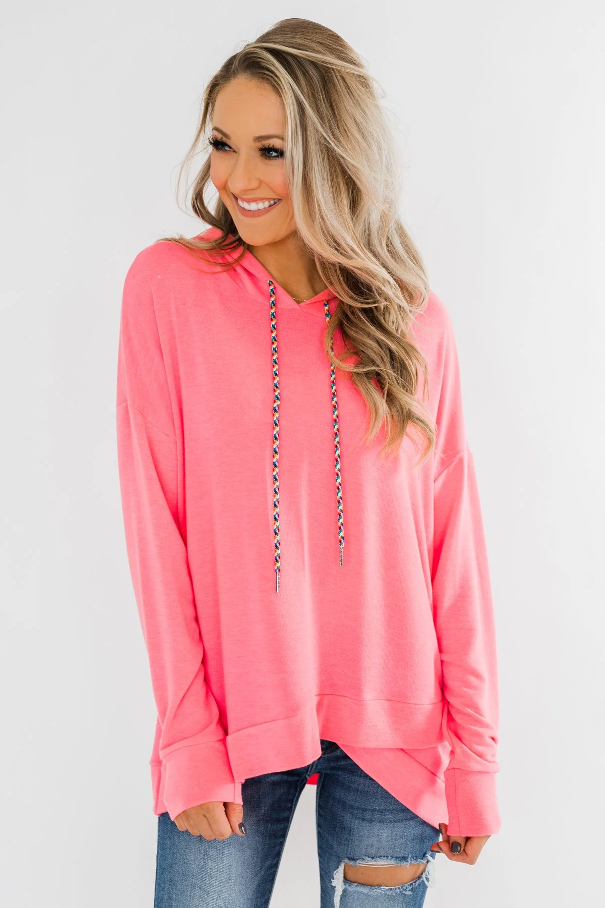Be Happy Long Sleeve Pullover- Neon Pink - Image 4