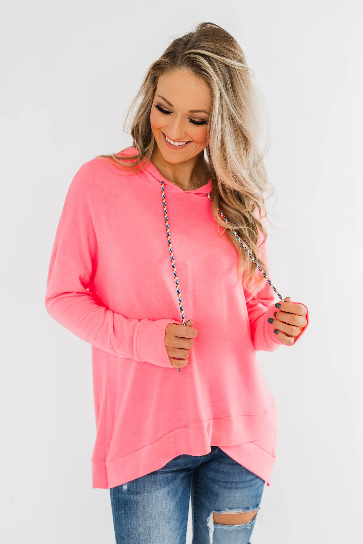 Be Happy Long Sleeve Pullover- Neon Pink - Image 6