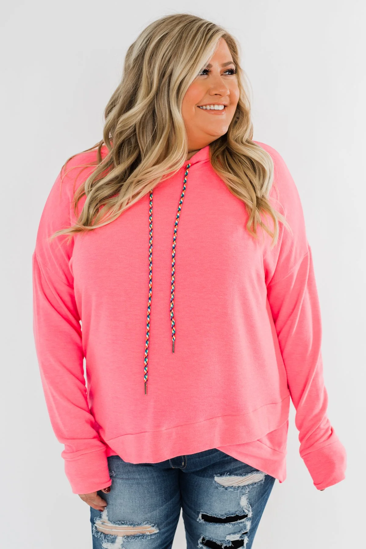 Be Happy Long Sleeve Pullover- Neon Pink - Image 7