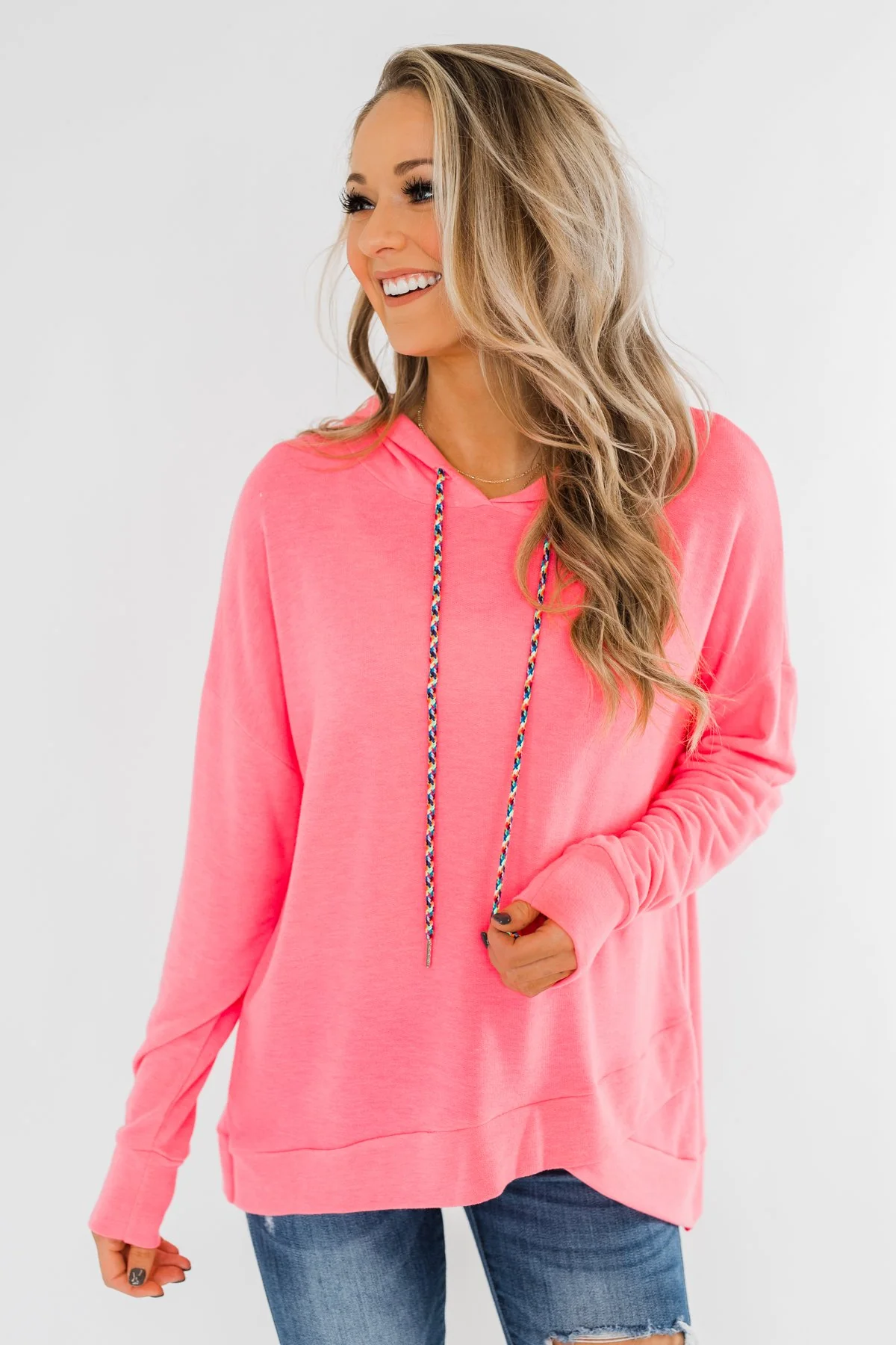 Be Happy Long Sleeve Pullover- Neon Pink - Image 8