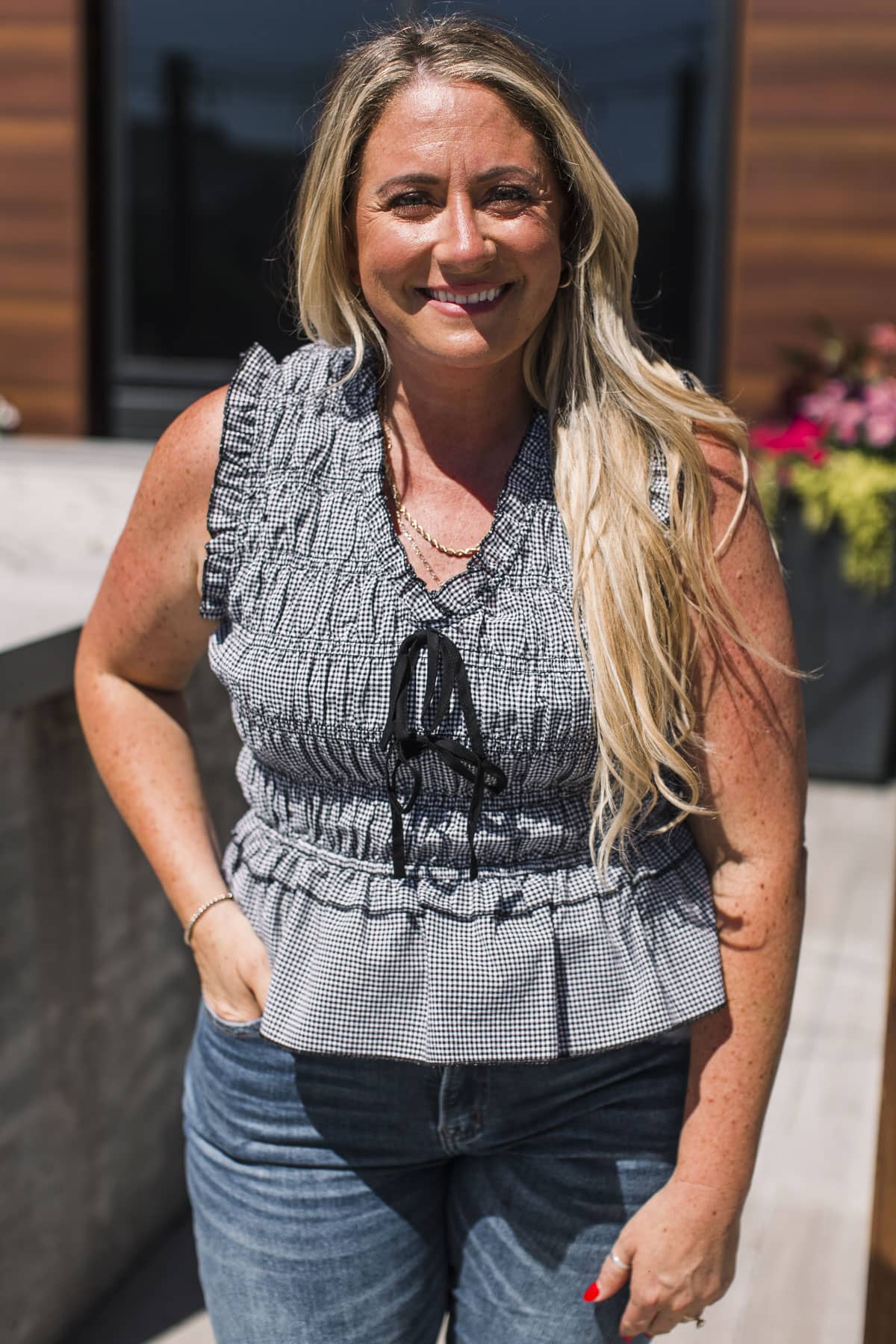 Be Inspired Smocked Sleeveless Peplum Blouse- Black Gingham - Image 2