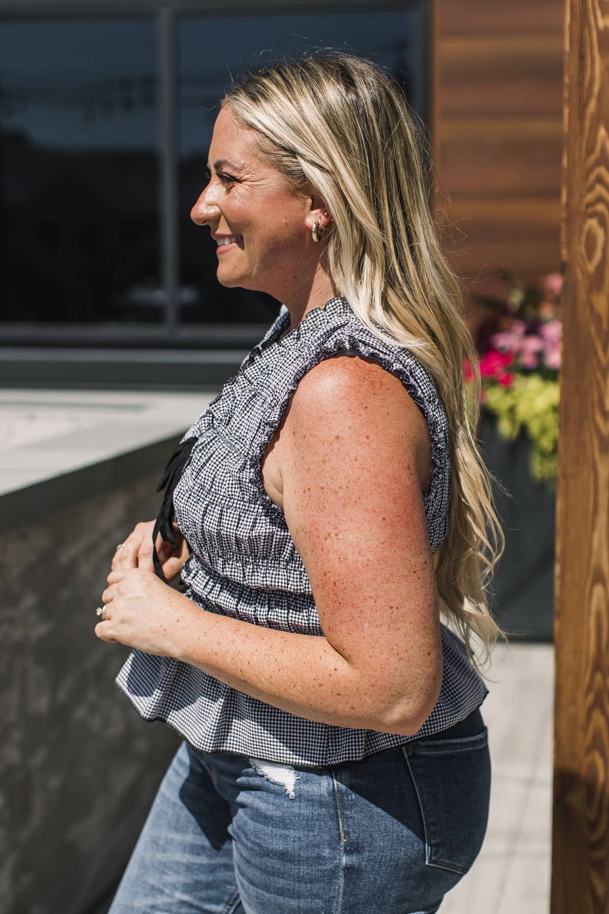 Be Inspired Smocked Sleeveless Peplum Blouse- Black Gingham - Image 6
