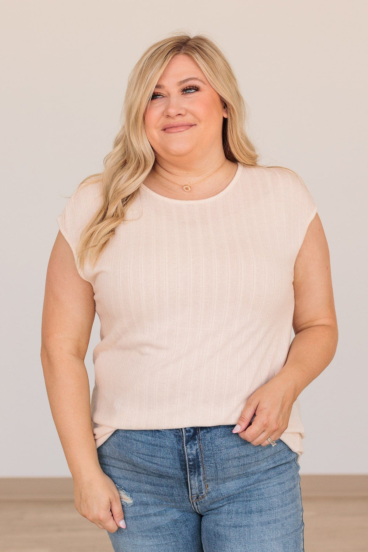 Be Joyful Cap Sleeve Ribbed Top- Cream - Image 2